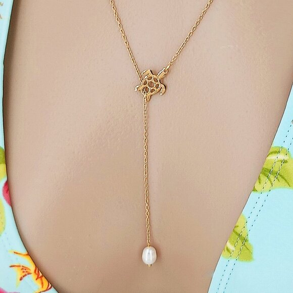 Sea Turtle and Pearl Lariat Gold Cable Chain Adjustable Necklace 7605GP - Picture 4 of 6